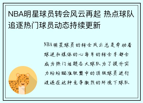 NBA明星球员转会风云再起 热点球队追逐热门球员动态持续更新 NBA明星球员转会风云再起 热点球队追逐热门球员动态持续更新