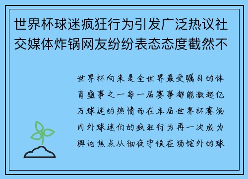 世界杯球迷疯狂行为引发广泛热议社交媒体炸锅网友纷纷表态态度截然不同 世界杯球迷疯狂行为引发广泛热议社交媒体炸锅网友纷纷表态态度截然不同